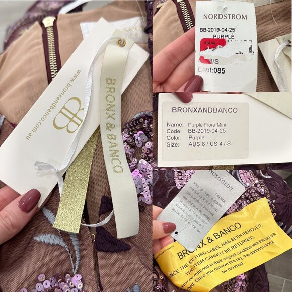 Bronx and Banco Purple Fiora Sequin Embroidered Mesh ¾ Sleeve Mini Dress Size 4 - Picture 6 of 17